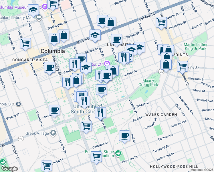 map of restaurants, bars, coffee shops, grocery stores, and more near 1718 College Street in Columbia