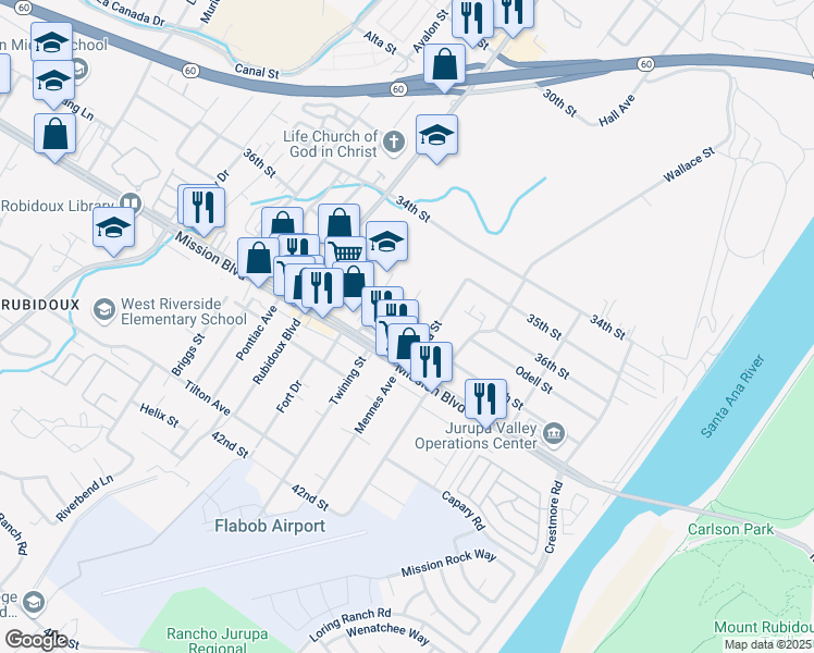 map of restaurants, bars, coffee shops, grocery stores, and more near 3710 Mintern Street in Riverside