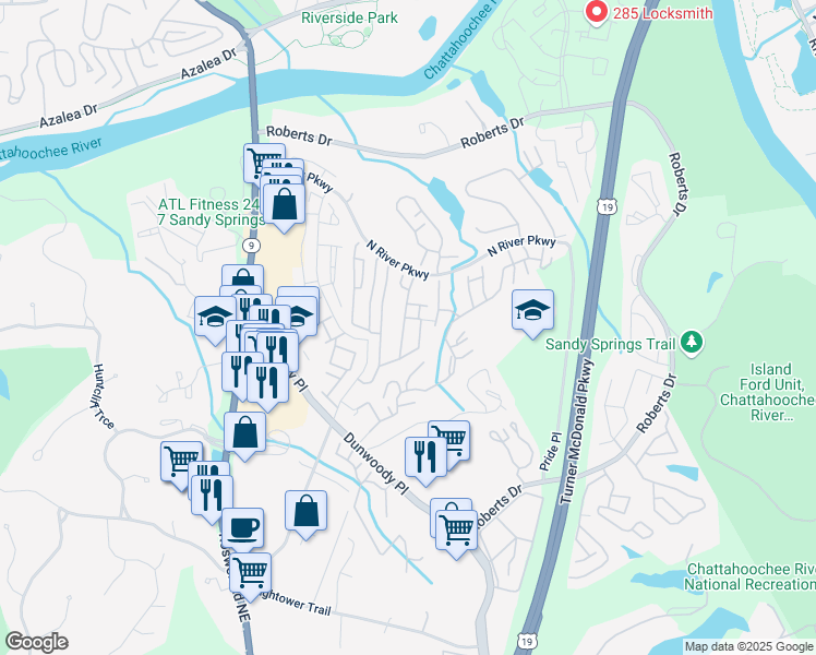 map of restaurants, bars, coffee shops, grocery stores, and more near 2713 Sandalwood Drive in Atlanta