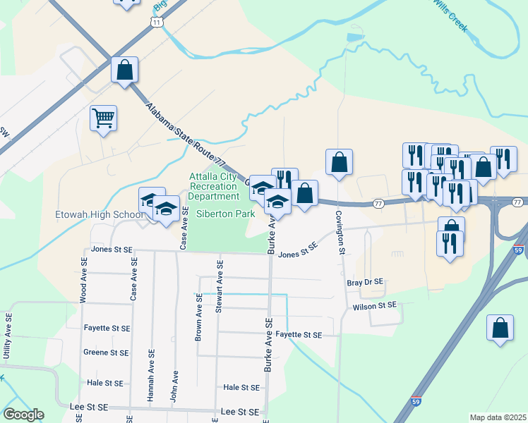 map of restaurants, bars, coffee shops, grocery stores, and more near 105 Burke Avenue Southeast in Attalla