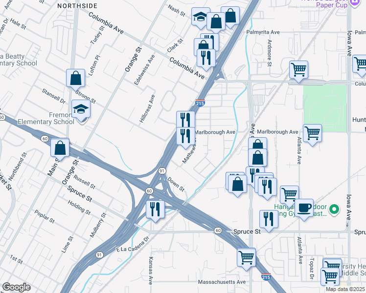 map of restaurants, bars, coffee shops, grocery stores, and more near 1711 Mathews Street in Riverside