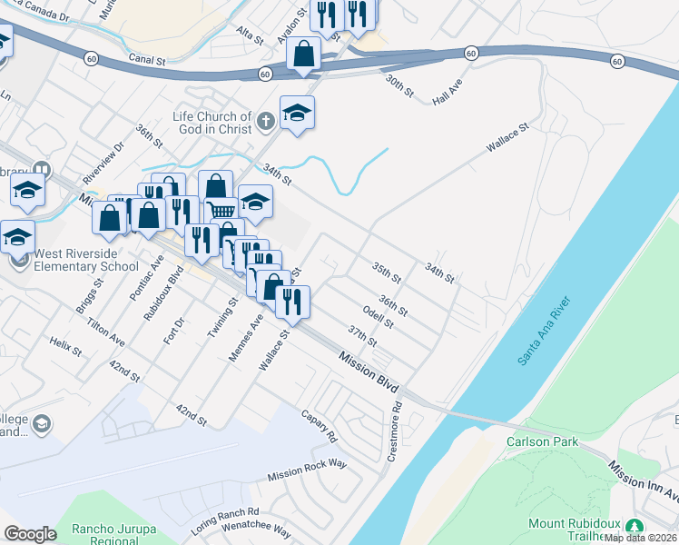 map of restaurants, bars, coffee shops, grocery stores, and more near 3660 Wallace Street in Riverside
