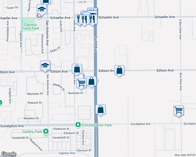 map of restaurants, bars, coffee shops, grocery stores, and more near 14196 Euclid Avenue in Chino