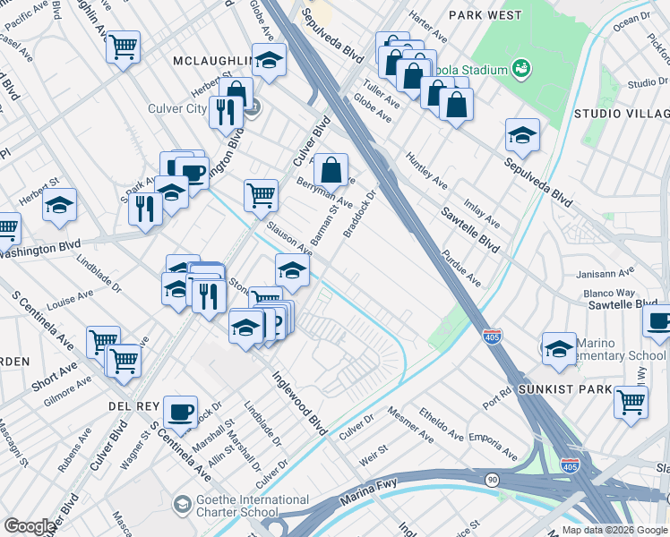 map of restaurants, bars, coffee shops, grocery stores, and more near 4715 South Slauson Avenue in Culver City