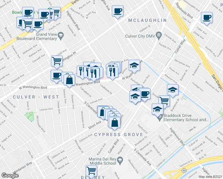 map of restaurants, bars, coffee shops, grocery stores, and more near 4270 Lindblade Drive in Los Angeles