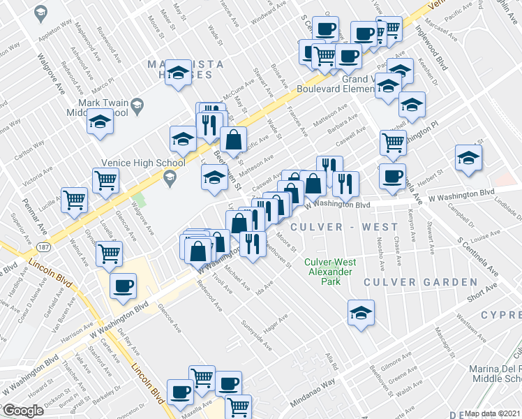 map of restaurants, bars, coffee shops, grocery stores, and more near 3978 1/2 Beethoven Street in Los Angeles