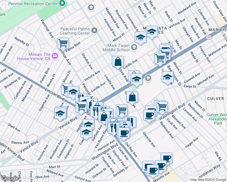 map of restaurants, bars, coffee shops, grocery stores, and more near 1409 Venice Boulevard in Los Angeles