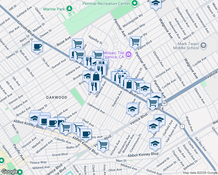 map of restaurants, bars, coffee shops, grocery stores, and more near 924 Palms Boulevard in Los Angeles