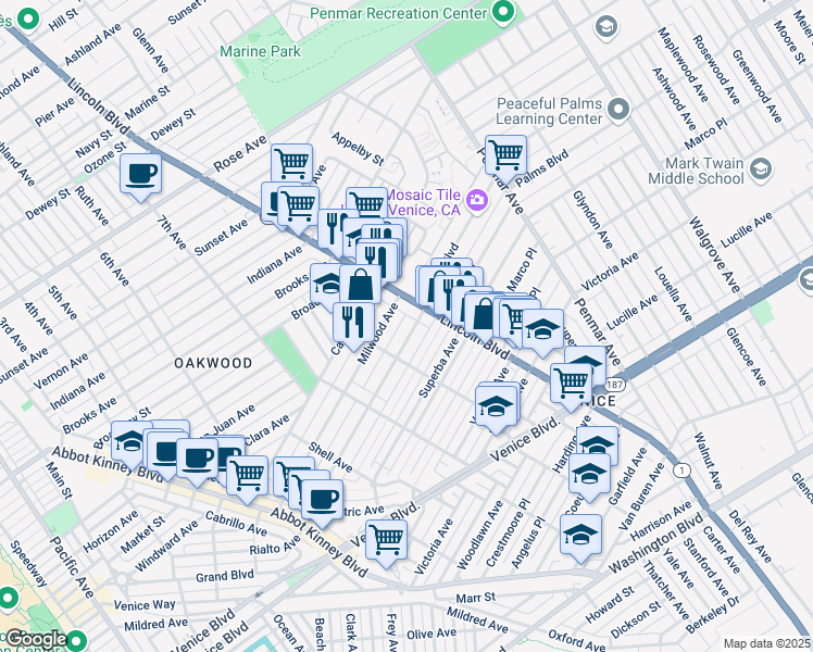map of restaurants, bars, coffee shops, grocery stores, and more near 924 Palms Boulevard in Los Angeles