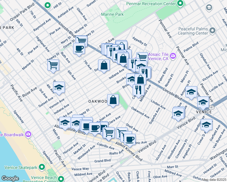 map of restaurants, bars, coffee shops, grocery stores, and more near in Los Angeles