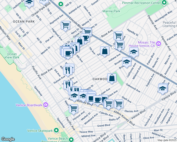 map of restaurants, bars, coffee shops, grocery stores, and more near 547 Indiana Avenue in Los Angeles