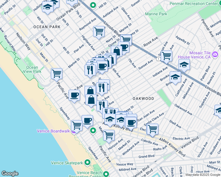 map of restaurants, bars, coffee shops, grocery stores, and more near 516 Vernon Avenue in Los Angeles