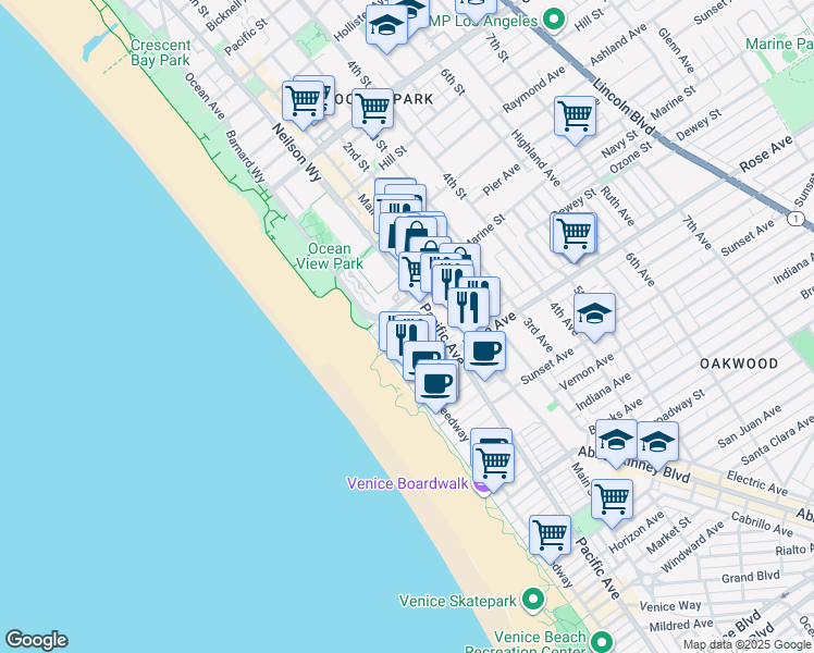 map of restaurants, bars, coffee shops, grocery stores, and more near 22 Navy Court in Los Angeles