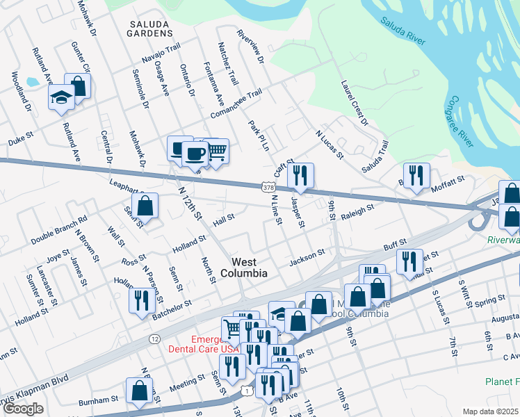 map of restaurants, bars, coffee shops, grocery stores, and more near 950 Hoover Street in West Columbia