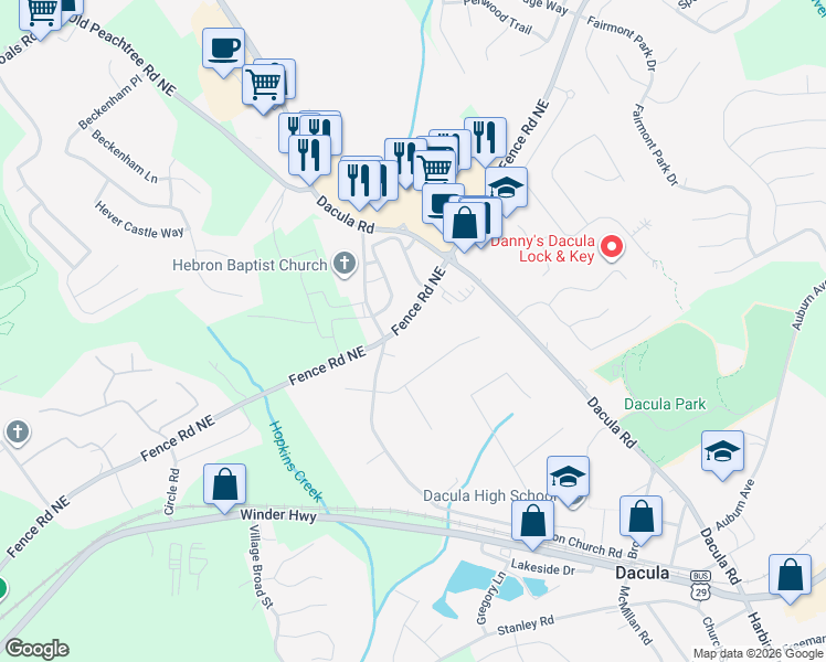 map of restaurants, bars, coffee shops, grocery stores, and more near 2390 Fence Road Northeast in Dacula