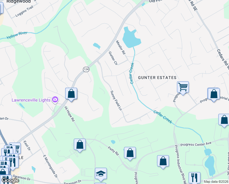 map of restaurants, bars, coffee shops, grocery stores, and more near 1004 Sunny Field Lane in Lawrenceville