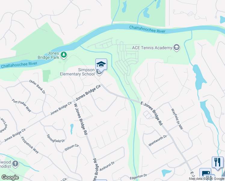 map of restaurants, bars, coffee shops, grocery stores, and more near East Jones Bridge Road in Peachtree Corners