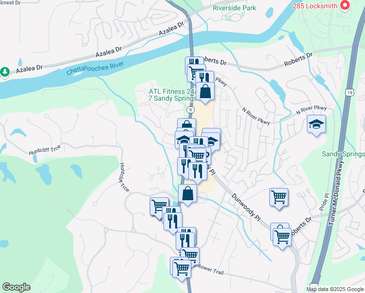 map of restaurants, bars, coffee shops, grocery stores, and more near 8750 Roswell Road in Atlanta