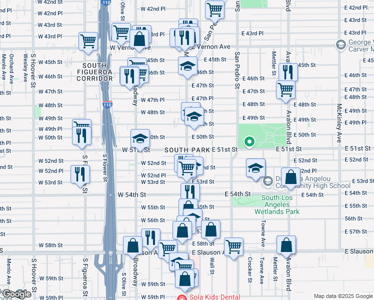 map of restaurants, bars, coffee shops, grocery stores, and more near Main Street & West 51st Street in Los Angeles