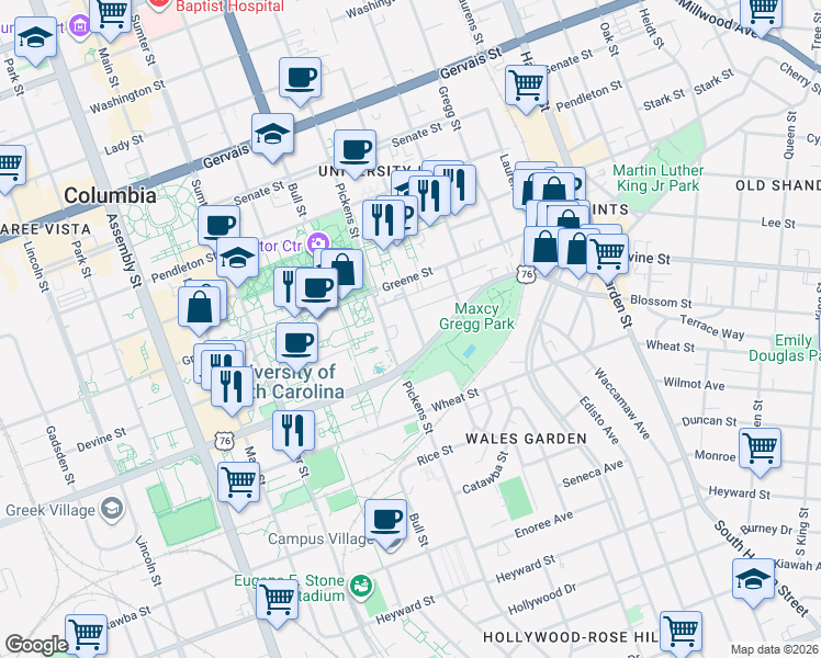 map of restaurants, bars, coffee shops, grocery stores, and more near 616 Pickens Street in Columbia