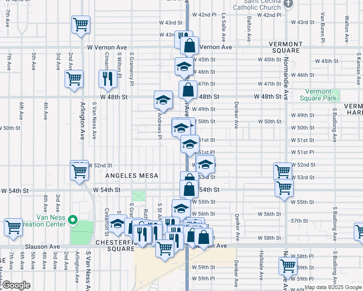 map of restaurants, bars, coffee shops, grocery stores, and more near 5101 South Western Avenue in Los Angeles