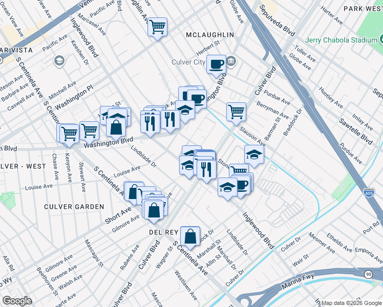 map of restaurants, bars, coffee shops, grocery stores, and more near 11925 Avon Way in Los Angeles