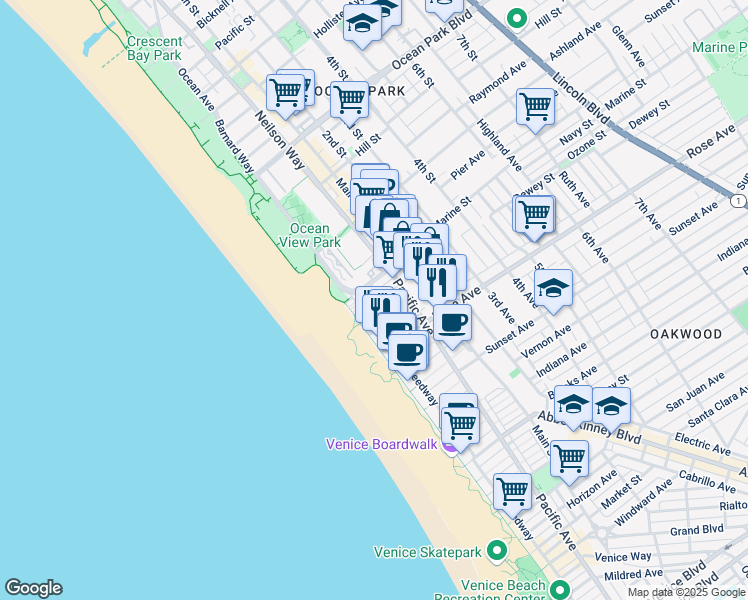 map of restaurants, bars, coffee shops, grocery stores, and more near 29 Navy Street in Venice