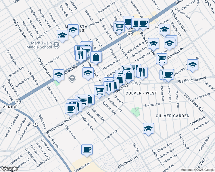 map of restaurants, bars, coffee shops, grocery stores, and more near 3971 Moore Street in Los Angeles