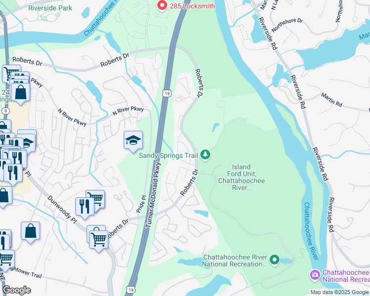 map of restaurants, bars, coffee shops, grocery stores, and more near 8833 Applegate Lane in Atlanta