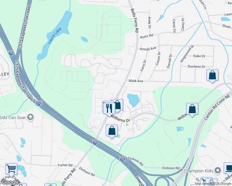 map of restaurants, bars, coffee shops, grocery stores, and more near 129 Bridge View Drive in Marietta