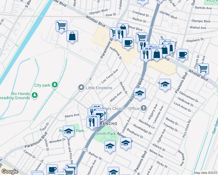 map of restaurants, bars, coffee shops, grocery stores, and more near 5442 Zola Avenue in Pico Rivera