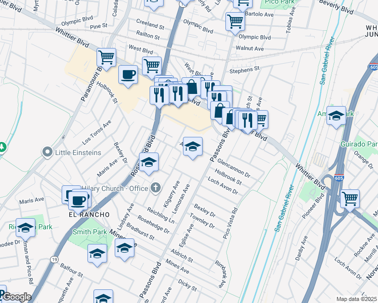 map of restaurants, bars, coffee shops, grocery stores, and more near Almo Street in Pico Rivera
