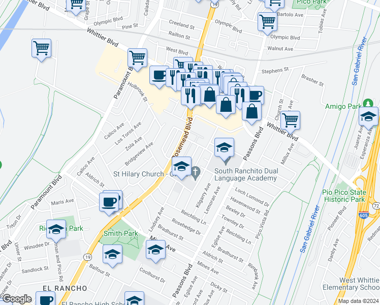 map of restaurants, bars, coffee shops, grocery stores, and more near 5243 Lindsey Avenue in Pico Rivera