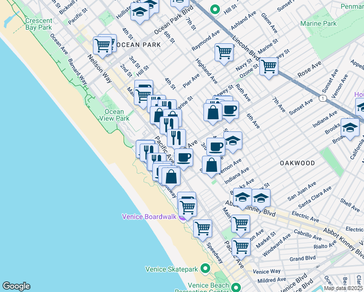 map of restaurants, bars, coffee shops, grocery stores, and more near 200 Rose Avenue in Los Angeles