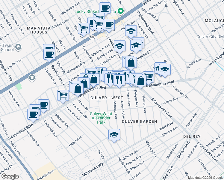 map of restaurants, bars, coffee shops, grocery stores, and more near in Culver City