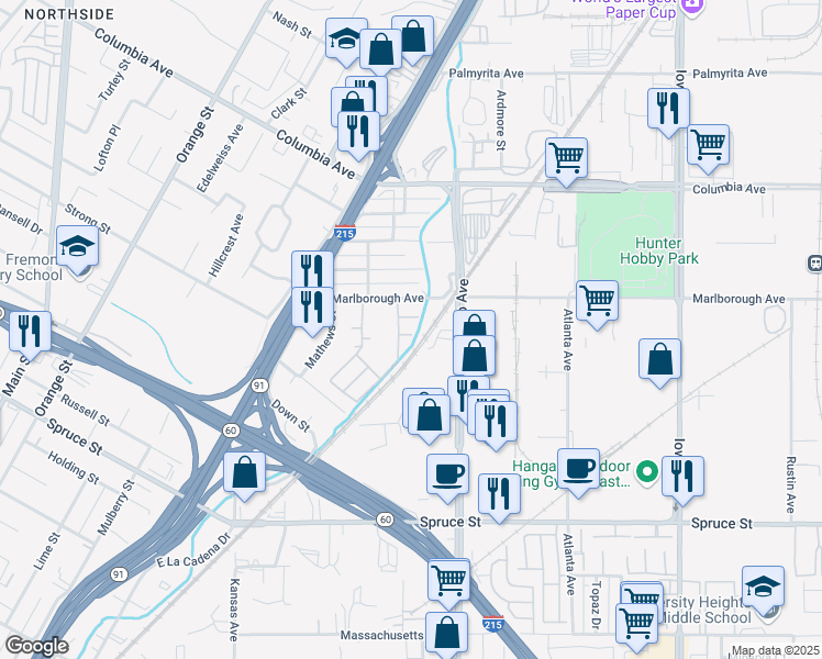 map of restaurants, bars, coffee shops, grocery stores, and more near 1893 Taormina Court in Riverside