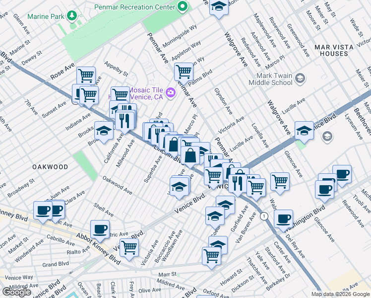 map of restaurants, bars, coffee shops, grocery stores, and more near 1029 Amoroso Place in Los Angeles