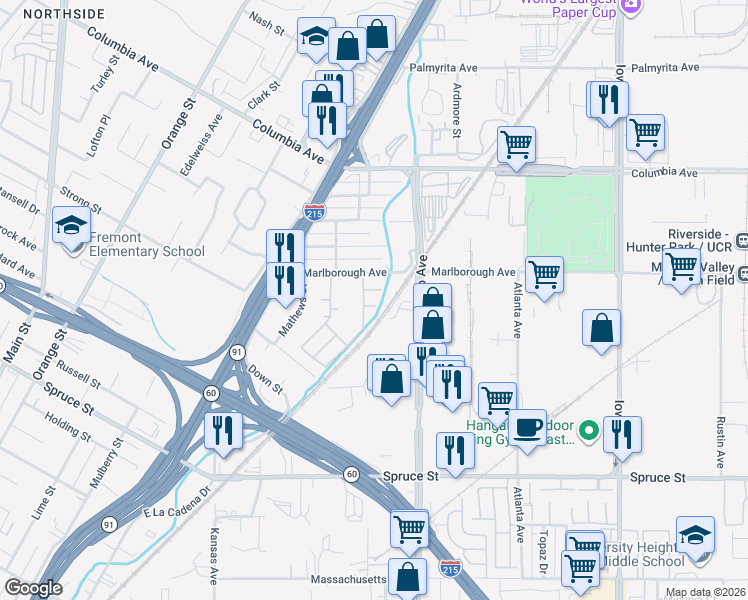 map of restaurants, bars, coffee shops, grocery stores, and more near 1893 Taormina Court in Riverside