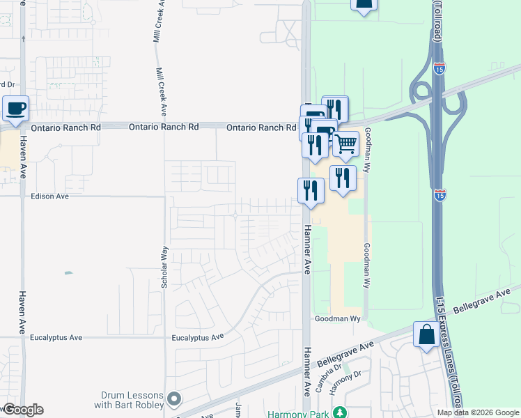 map of restaurants, bars, coffee shops, grocery stores, and more near 4240 East Honeybee Paseo in Ontario