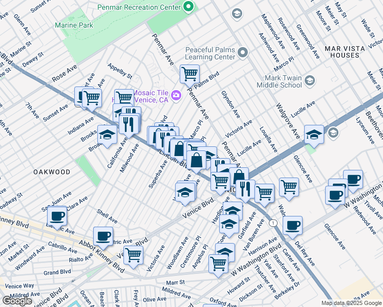 map of restaurants, bars, coffee shops, grocery stores, and more near 1029 Amoroso Place in Los Angeles