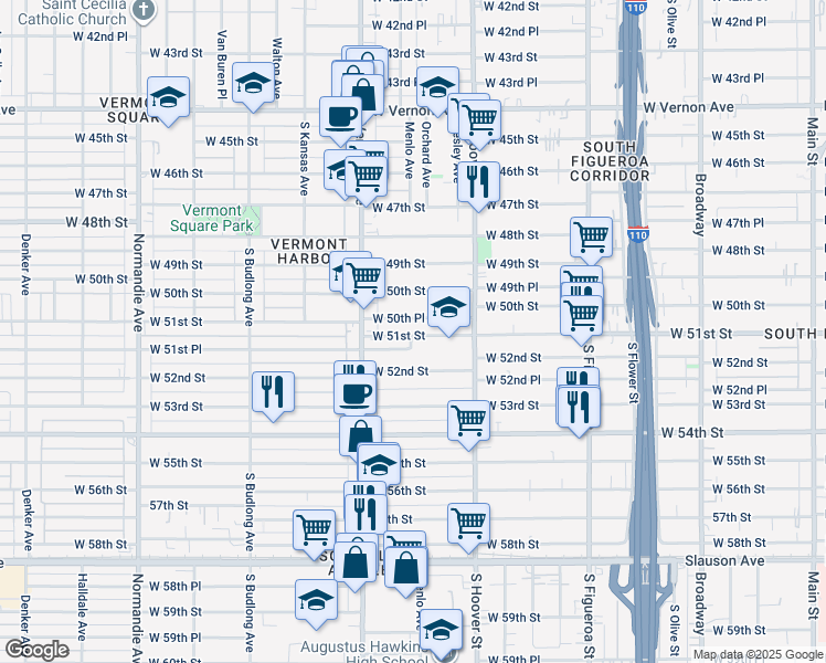 map of restaurants, bars, coffee shops, grocery stores, and more near 907 West 51st Street in Los Angeles