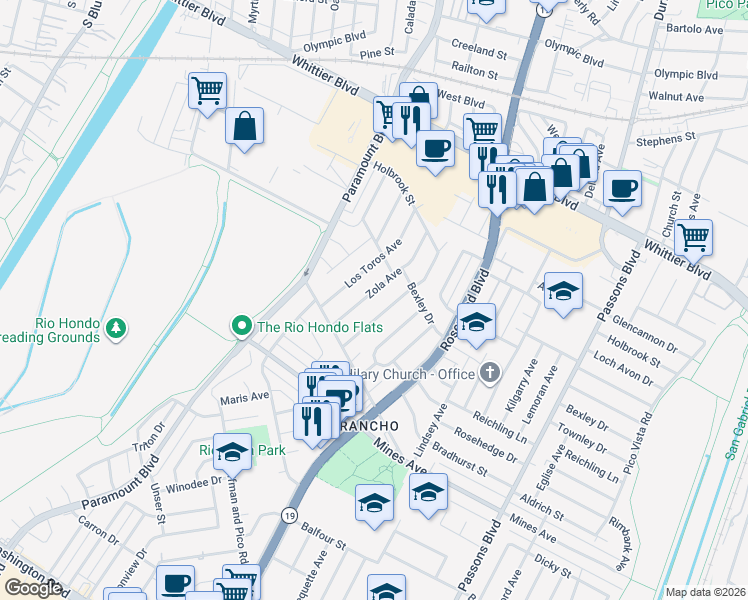 map of restaurants, bars, coffee shops, grocery stores, and more near 5438 Zola Avenue in Pico Rivera