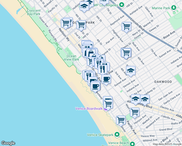 map of restaurants, bars, coffee shops, grocery stores, and more near 22 Navy Court in Los Angeles