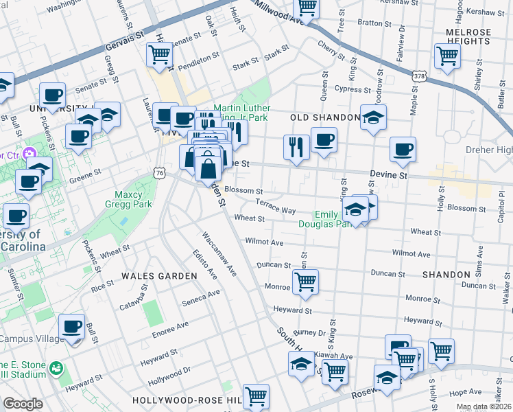 map of restaurants, bars, coffee shops, grocery stores, and more near 2205 Wheat Street in Columbia