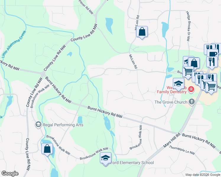 map of restaurants, bars, coffee shops, grocery stores, and more near 5623 Forkwood Drive Northwest in Acworth