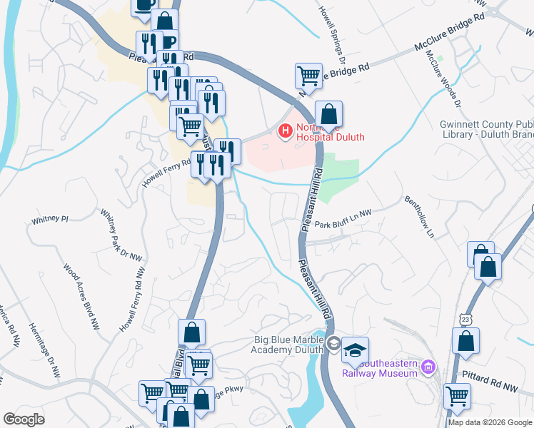 map of restaurants, bars, coffee shops, grocery stores, and more near 3847 Meeting Street Northwest in Duluth