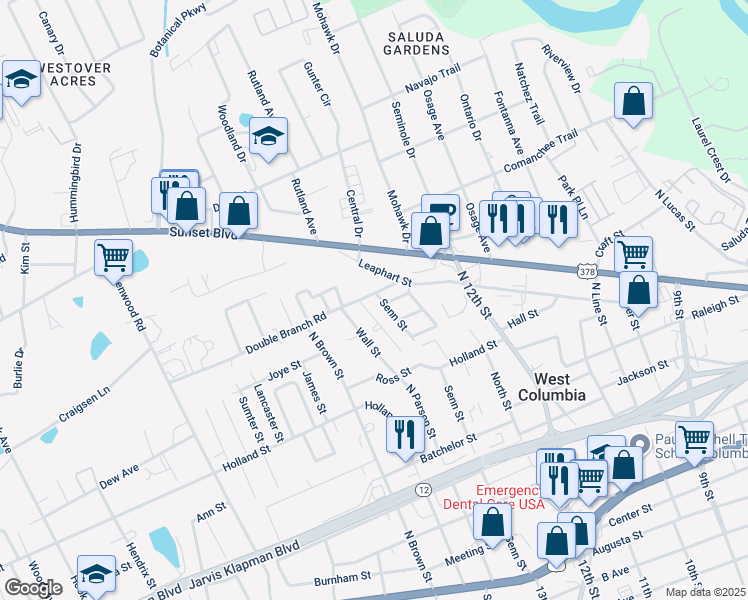 map of restaurants, bars, coffee shops, grocery stores, and more near 633 Senn Street in West Columbia