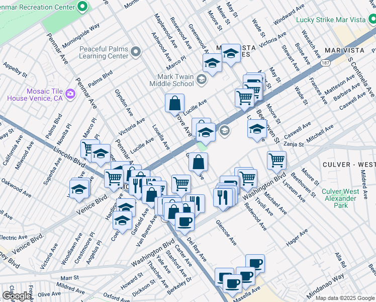 map of restaurants, bars, coffee shops, grocery stores, and more near 1600 Venice Boulevard in Los Angeles