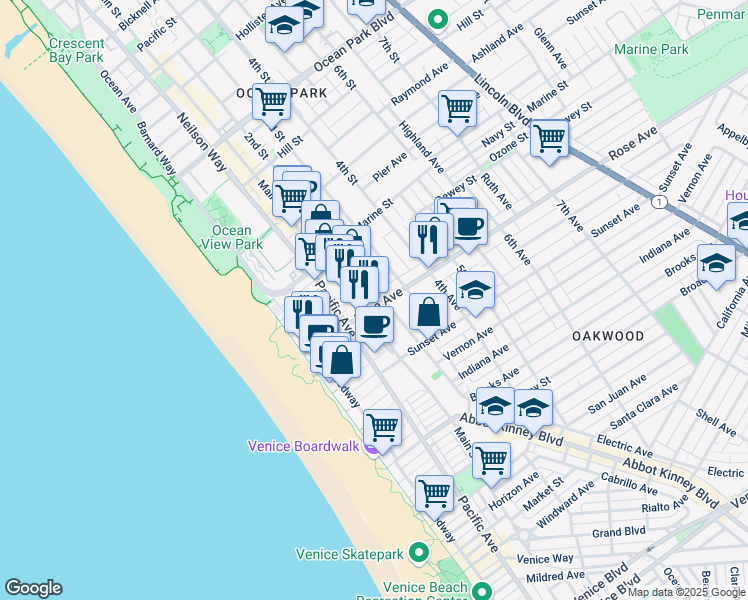 map of restaurants, bars, coffee shops, grocery stores, and more near 200 Rose Avenue in Los Angeles