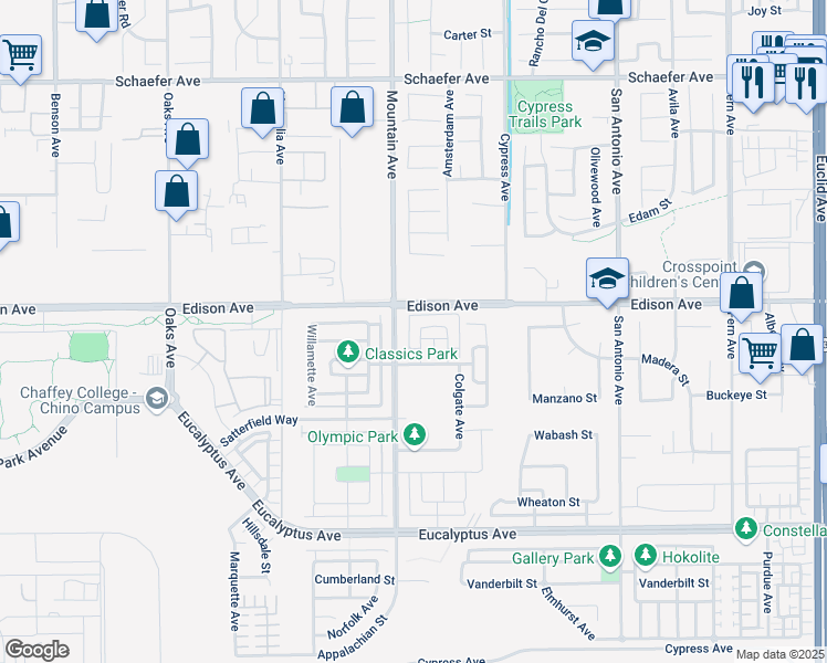 map of restaurants, bars, coffee shops, grocery stores, and more near 14146 Frostburg Avenue in Chino